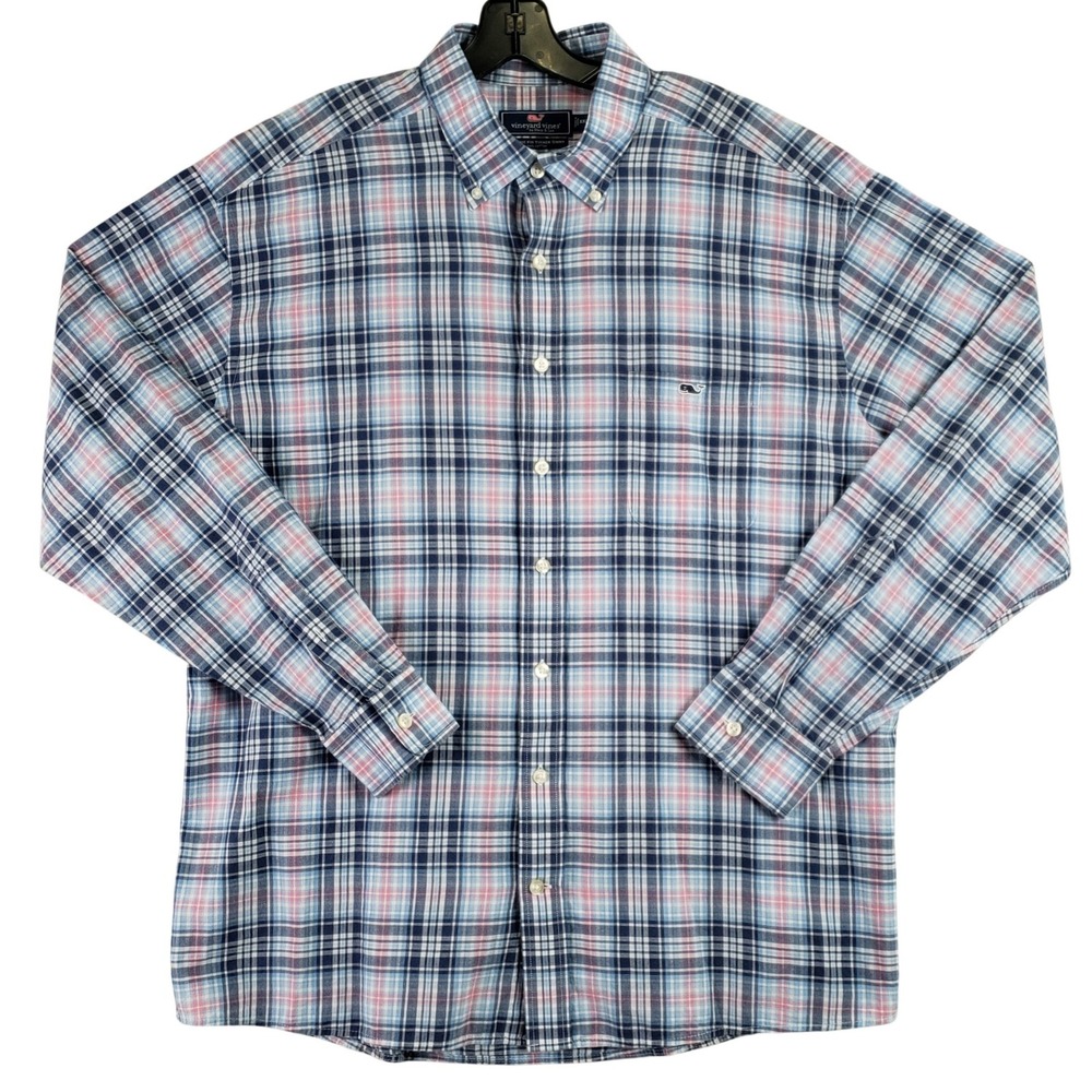 Vineyard Vines Tucker Shirt Men XXL Blue Pink Plaid Preppy Coastal Button Down